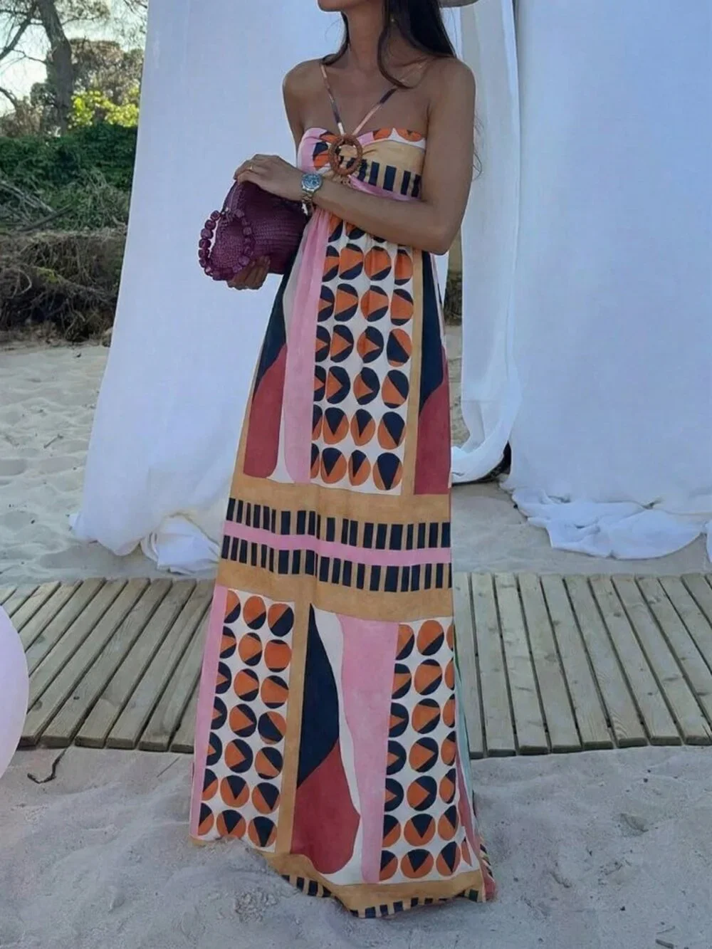 Multicolor Casual Women's geometric print  maxi Dress